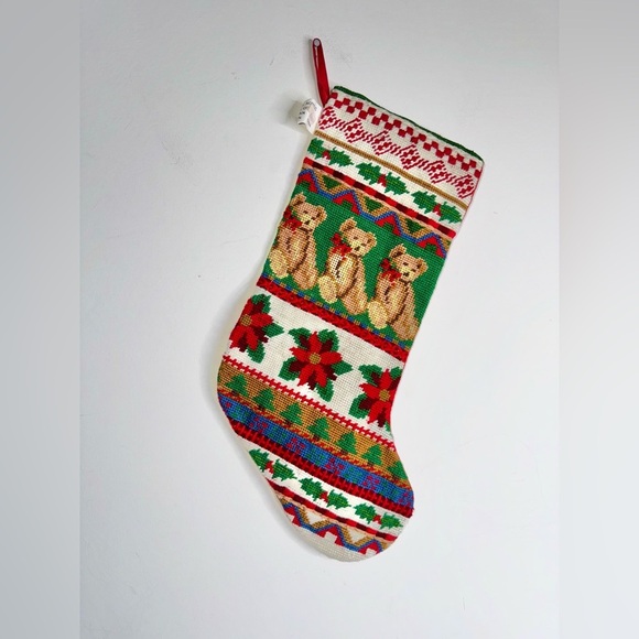 Christmas stocking embroidered handmade Teddy bears - Picture 1 of 6